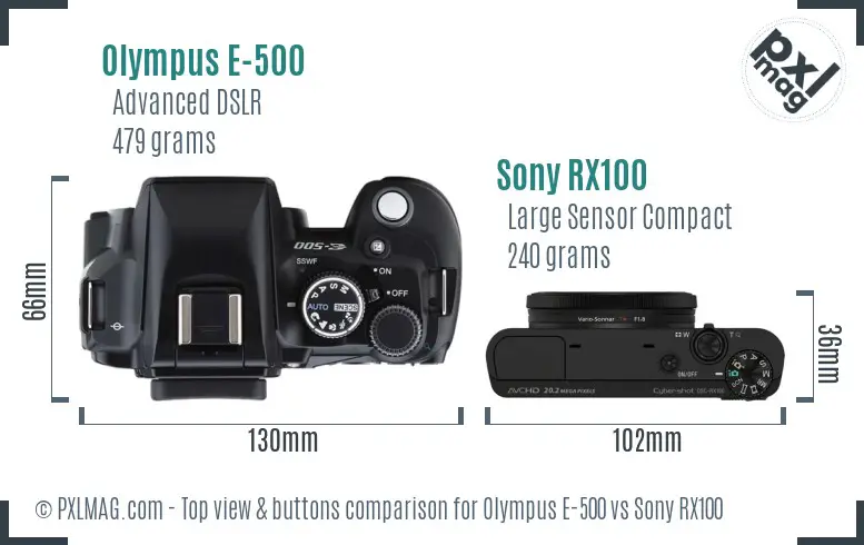 Olympus E-500 vs Sony RX100 top view buttons comparison