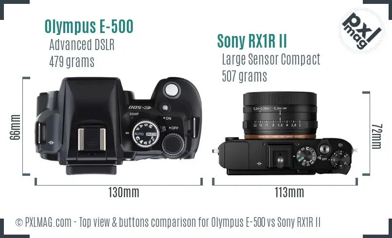 Olympus E-500 vs Sony RX1R II top view buttons comparison