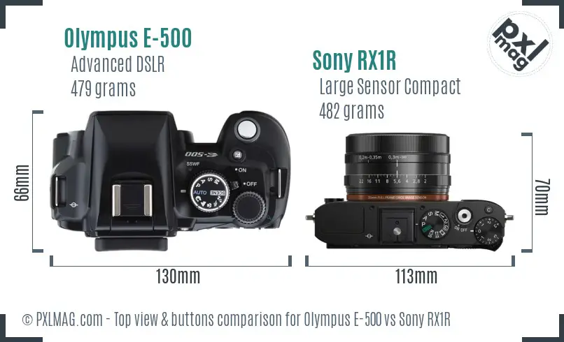 Olympus E-500 vs Sony RX1R top view buttons comparison