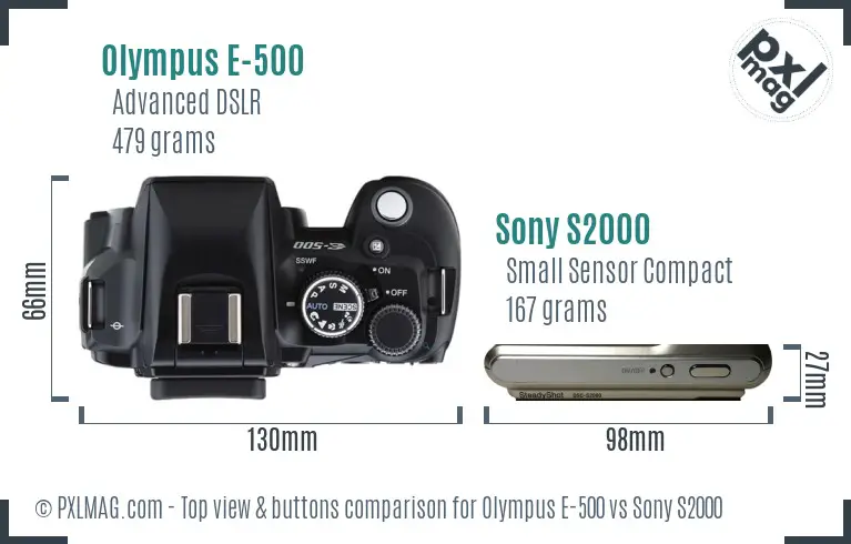Olympus E-500 vs Sony S2000 top view buttons comparison