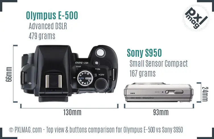 Olympus E-500 vs Sony S950 top view buttons comparison