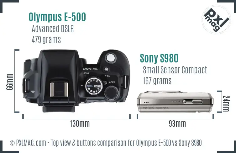 Olympus E-500 vs Sony S980 top view buttons comparison