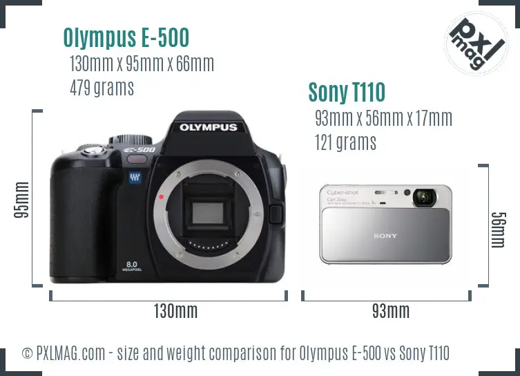 Olympus E-500 vs Sony T110 size comparison