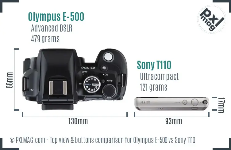 Olympus E-500 vs Sony T110 top view buttons comparison