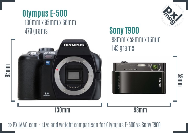 Olympus E-500 vs Sony T900 size comparison