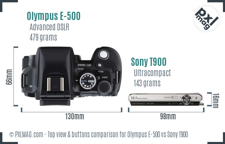 Olympus E-500 vs Sony T900 top view buttons comparison