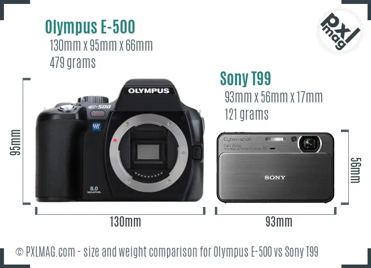 Olympus E-500 vs Sony T99 size comparison