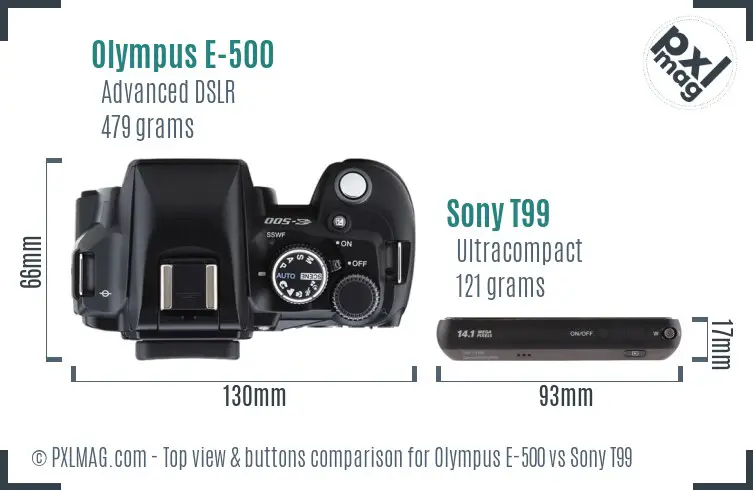 Olympus E-500 vs Sony T99 top view buttons comparison