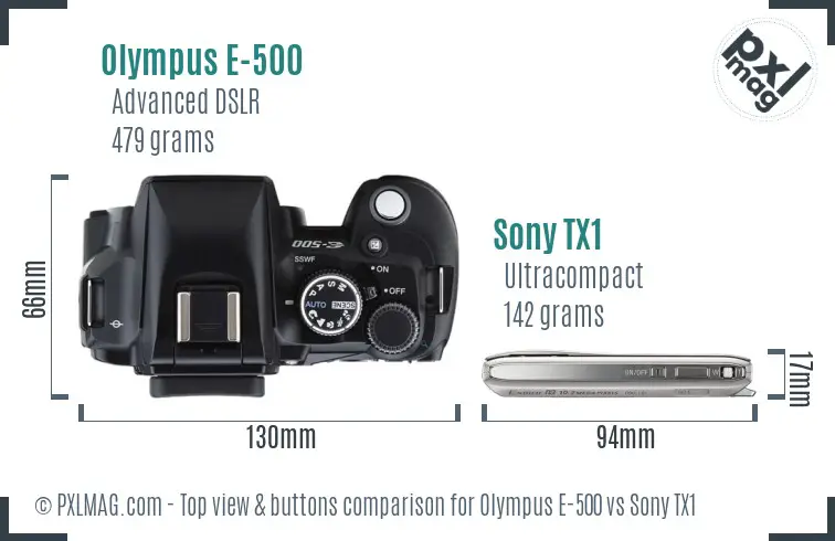 Olympus E-500 vs Sony TX1 top view buttons comparison