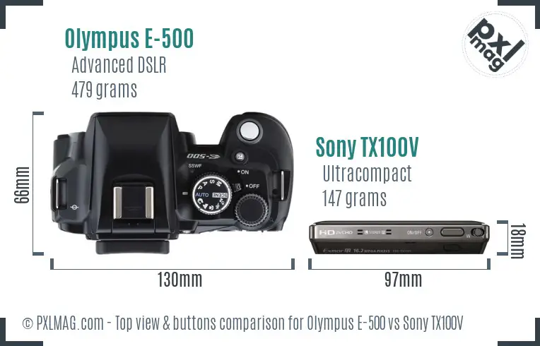 Olympus E-500 vs Sony TX100V top view buttons comparison