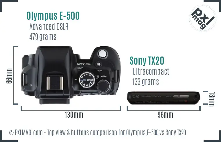 Olympus E-500 vs Sony TX20 top view buttons comparison