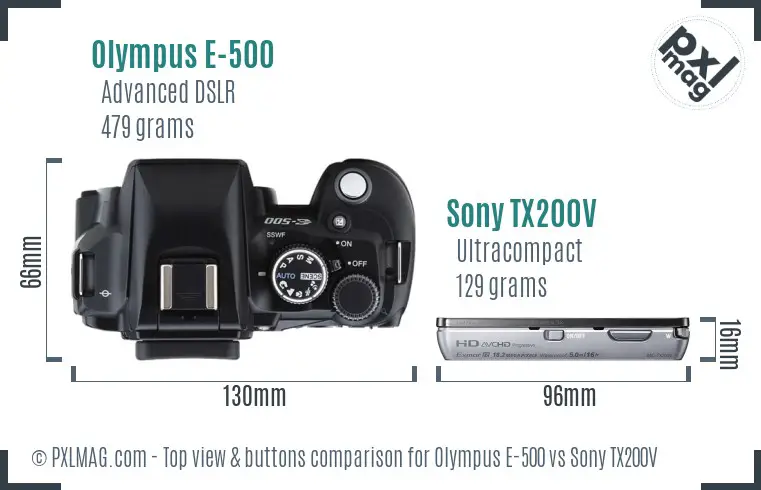Olympus E-500 vs Sony TX200V top view buttons comparison Olympus E-500 vs Sony TX200V top view buttons comparison