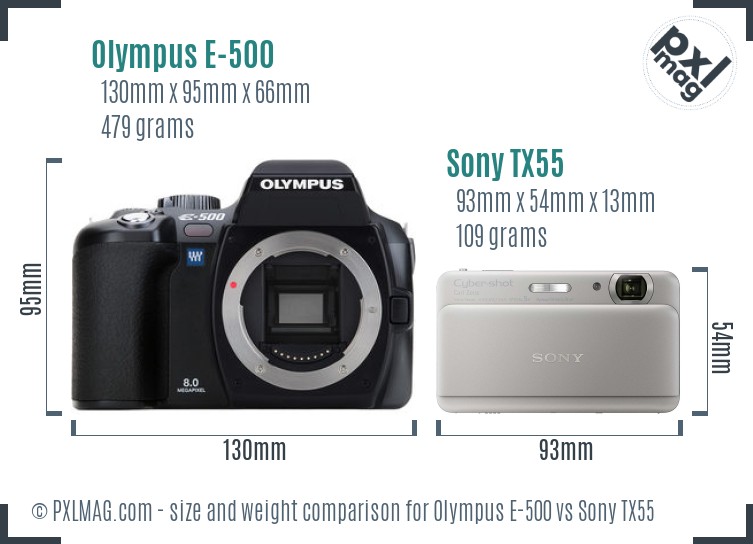 Olympus E-500 vs Sony TX55 size comparison Olympus E-500 vs Sony TX55 size comparison