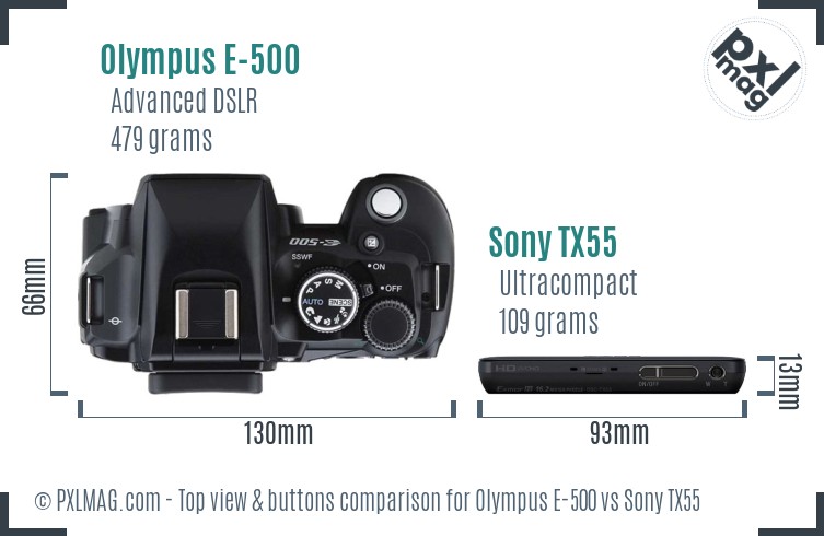 Olympus E-500 vs Sony TX55 top view buttons comparison