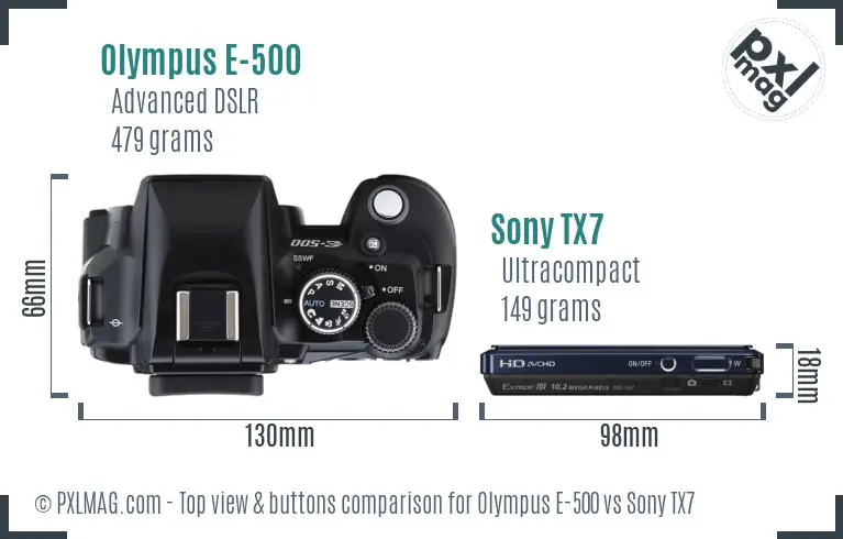 Olympus E-500 vs Sony TX7 top view buttons comparison