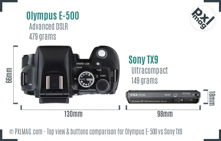 Olympus E-500 vs Sony TX9 top view buttons comparison Olympus E-500 vs Sony TX9 top view buttons comparison