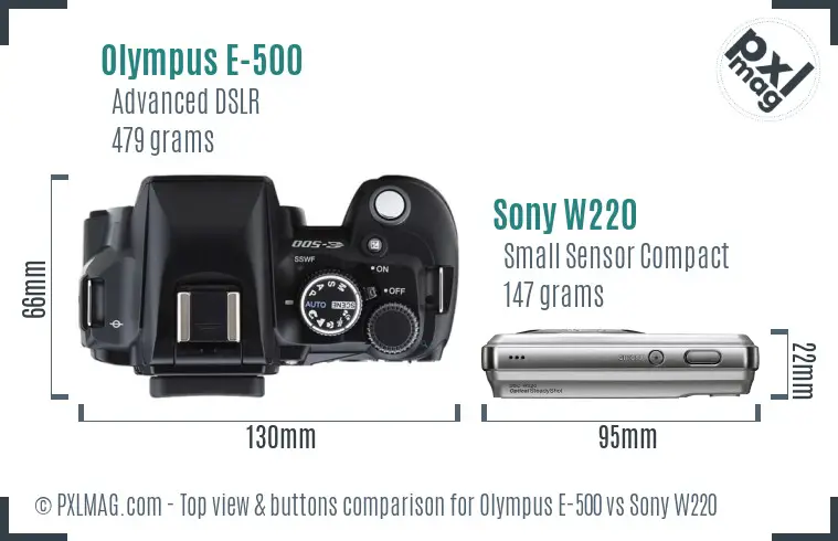Olympus E-500 vs Sony W220 top view buttons comparison