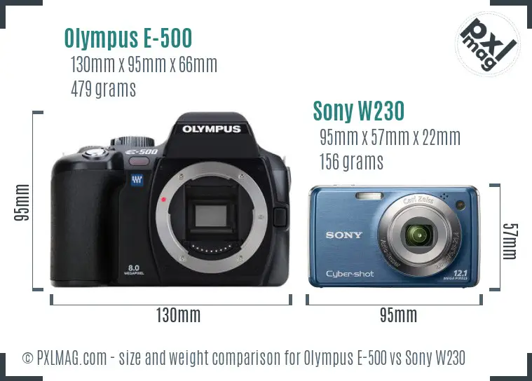 Olympus E-500 vs Sony W230 size comparison Olympus E-500 vs Sony W230 size comparison