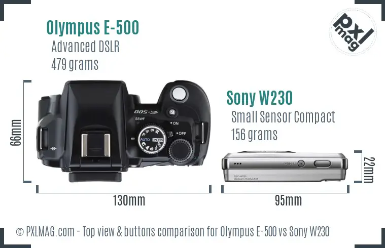 Olympus E-500 vs Sony W230 top view buttons comparison Olympus E-500 vs Sony W230 top view buttons comparison