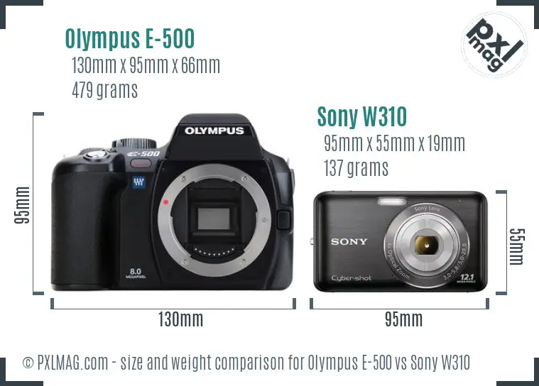 Olympus E-500 vs Sony W310 size comparison