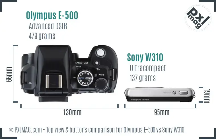 Olympus E-500 vs Sony W310 top view buttons comparison