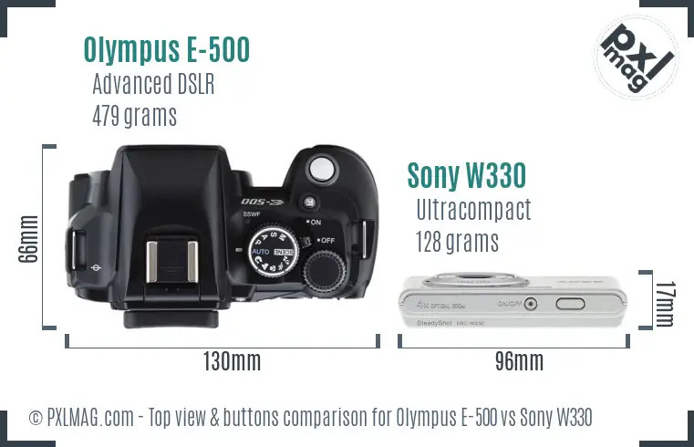 Olympus E-500 vs Sony W330 top view buttons comparison Olympus E-500 vs Sony W330 top view buttons comparison