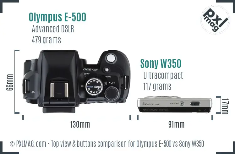 Olympus E-500 vs Sony W350 top view buttons comparison
