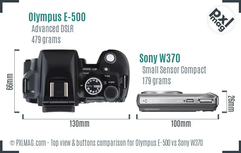 Olympus E-500 vs Sony W370 top view buttons comparison