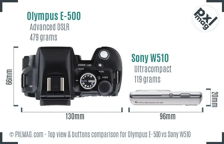 Olympus E-500 vs Sony W510 top view buttons comparison Olympus E-500 vs Sony W510 top view buttons comparison