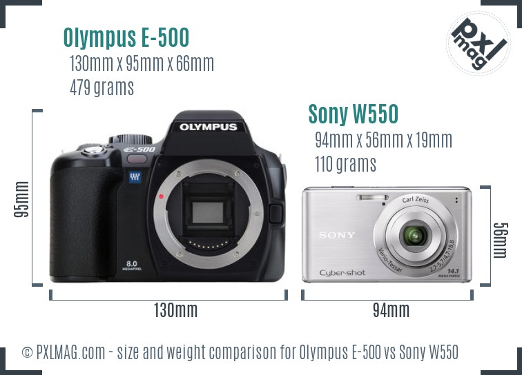 Olympus E-500 vs Sony W550 size comparison