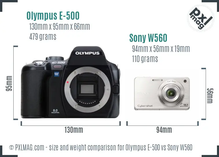 Olympus E-500 vs Sony W560 size comparison