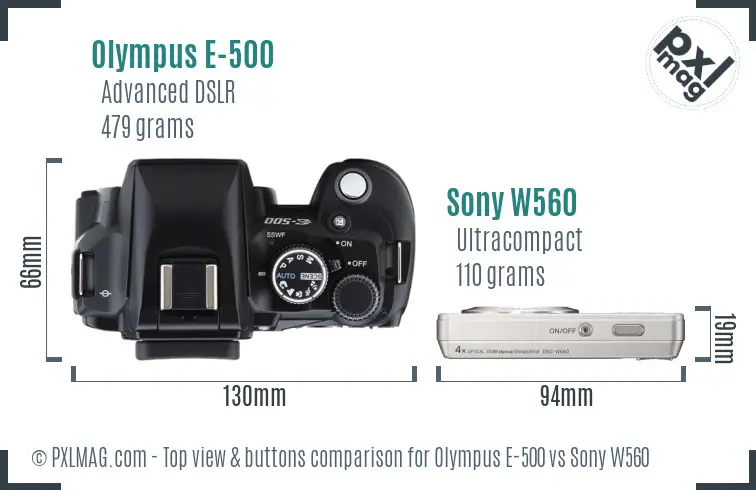 Olympus E-500 vs Sony W560 top view buttons comparison