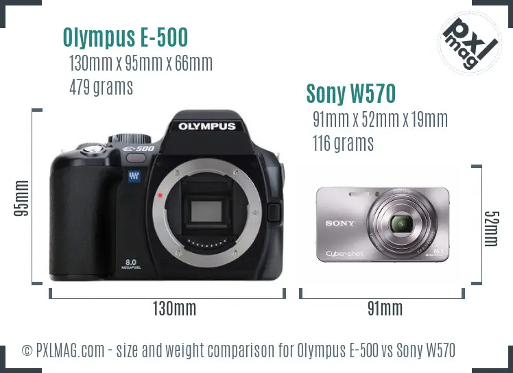 Olympus E-500 vs Sony W570 size comparison