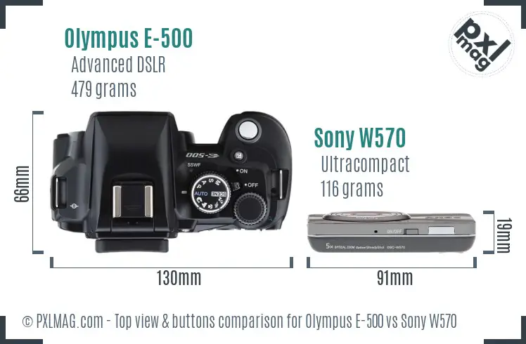 Olympus E-500 vs Sony W570 top view buttons comparison