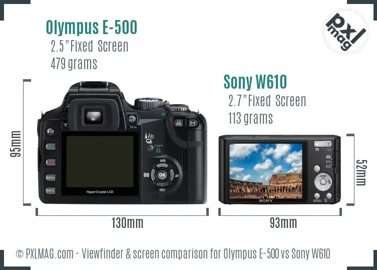 Olympus E-500 vs Sony W610 Screen and Viewfinder comparison