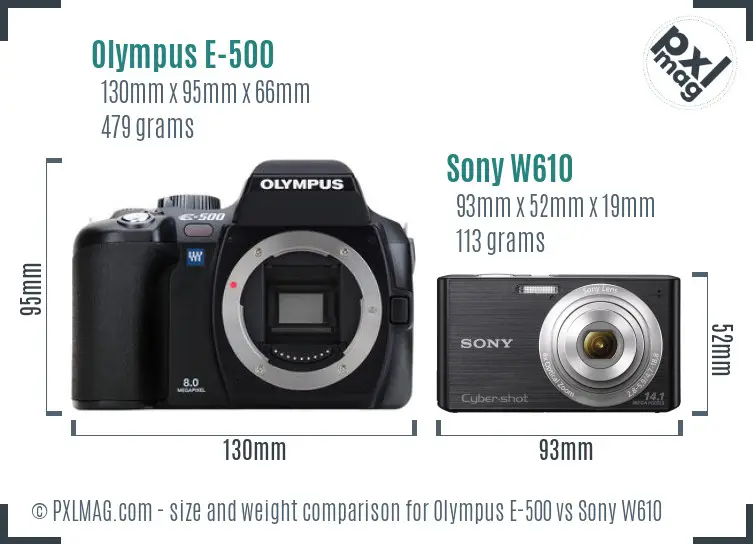 Olympus E-500 vs Sony W610 size comparison