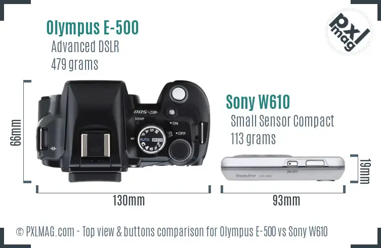 Olympus E-500 vs Sony W610 top view buttons comparison