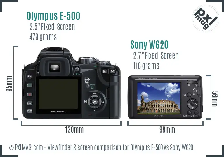 Olympus E-500 vs Sony W620 Screen and Viewfinder comparison
