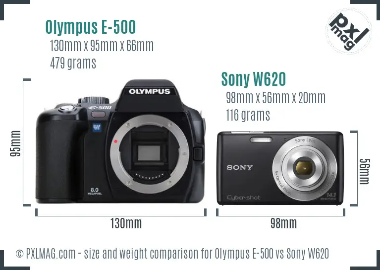 Olympus E-500 vs Sony W620 size comparison