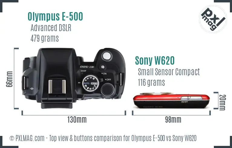 Olympus E-500 vs Sony W620 top view buttons comparison