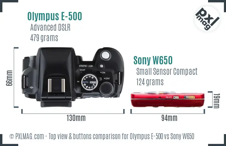 Olympus E-500 vs Sony W650 top view buttons comparison