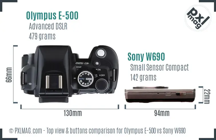 Olympus E-500 vs Sony W690 top view buttons comparison