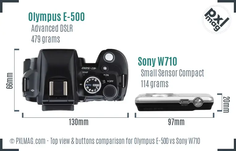 Olympus E-500 vs Sony W710 top view buttons comparison