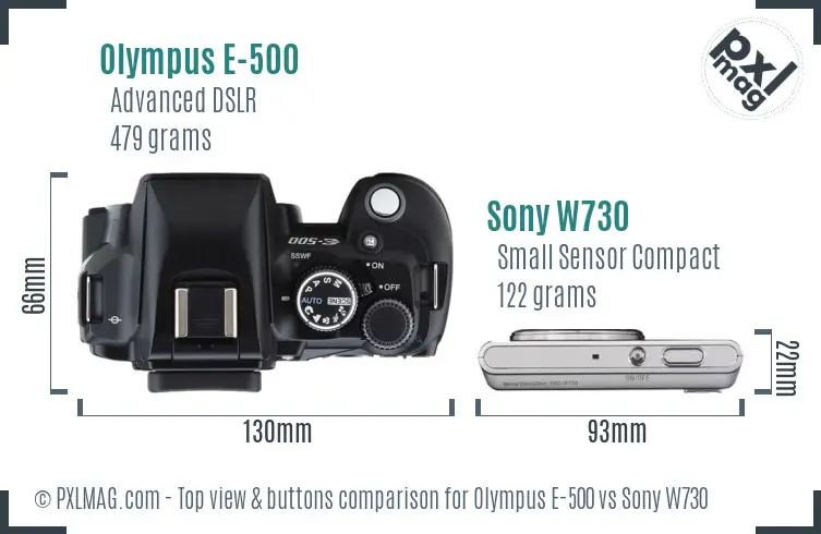 Olympus E-500 vs Sony W730 top view buttons comparison Olympus E-500 vs Sony W730 top view buttons comparison