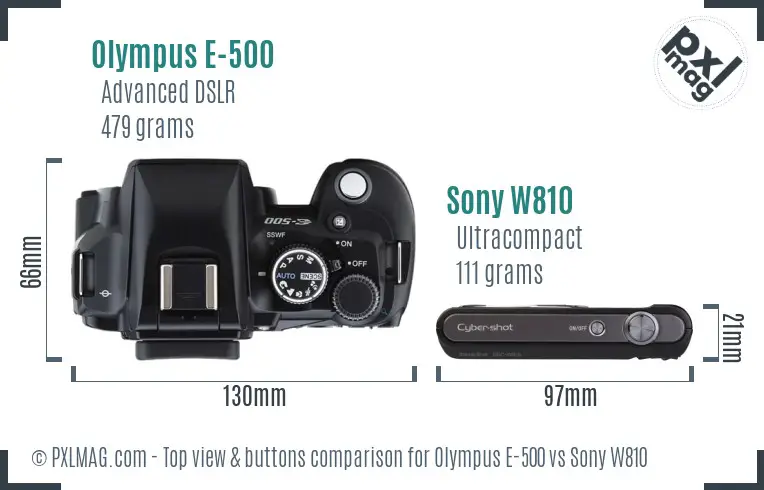 Olympus E-500 vs Sony W810 top view buttons comparison