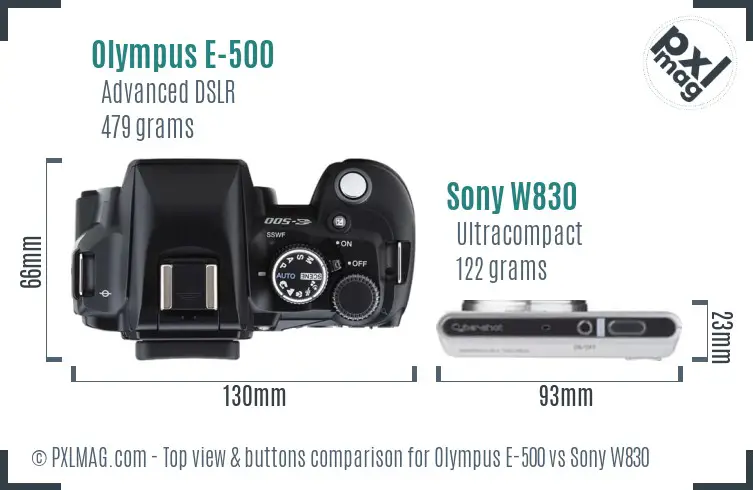 Olympus E-500 vs Sony W830 top view buttons comparison
