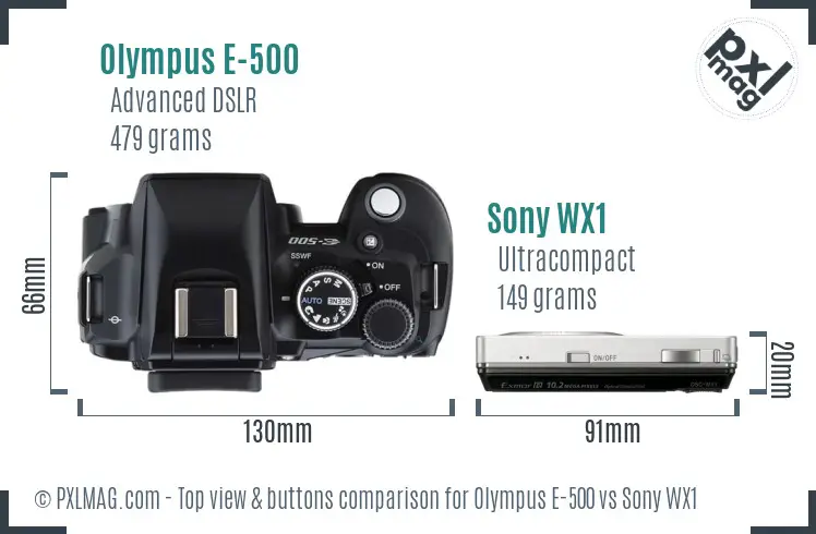 Olympus E-500 vs Sony WX1 top view buttons comparison