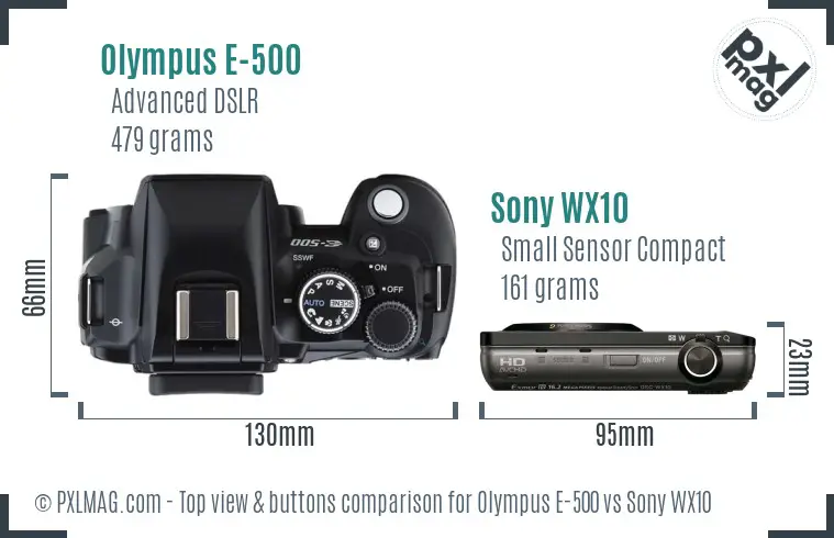 Olympus E-500 vs Sony WX10 top view buttons comparison