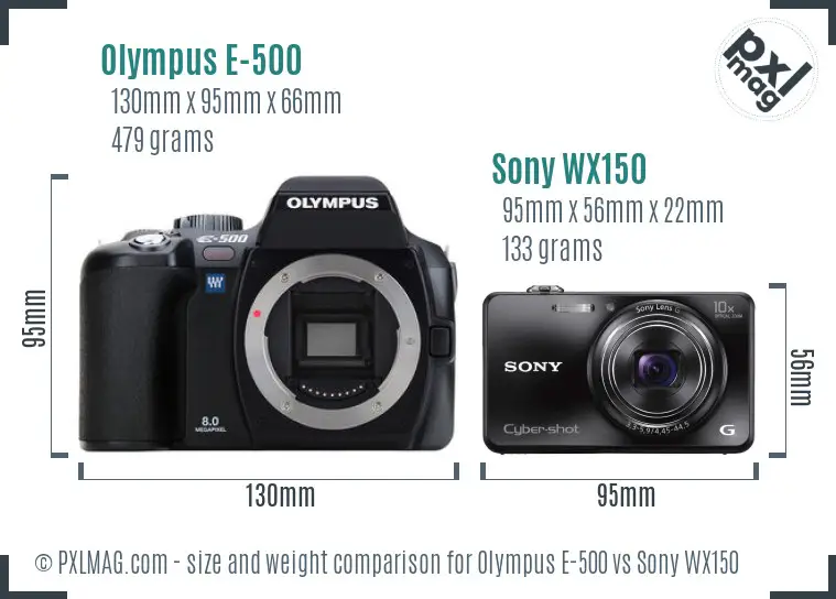 Olympus E-500 vs Sony WX150 size comparison