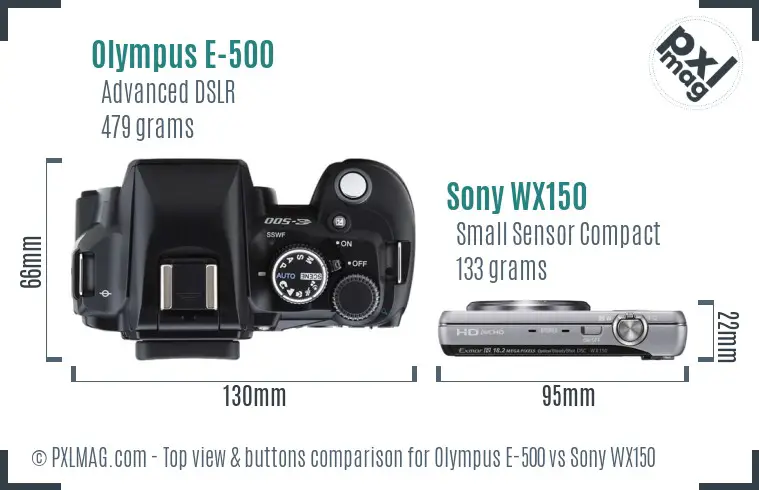 Olympus E-500 vs Sony WX150 top view buttons comparison